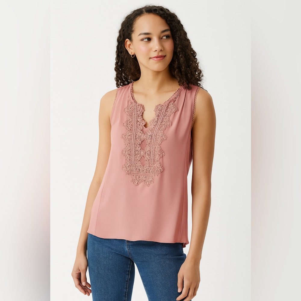 White House Black Market Elegant Pink Lace Trim Sleeveless Top